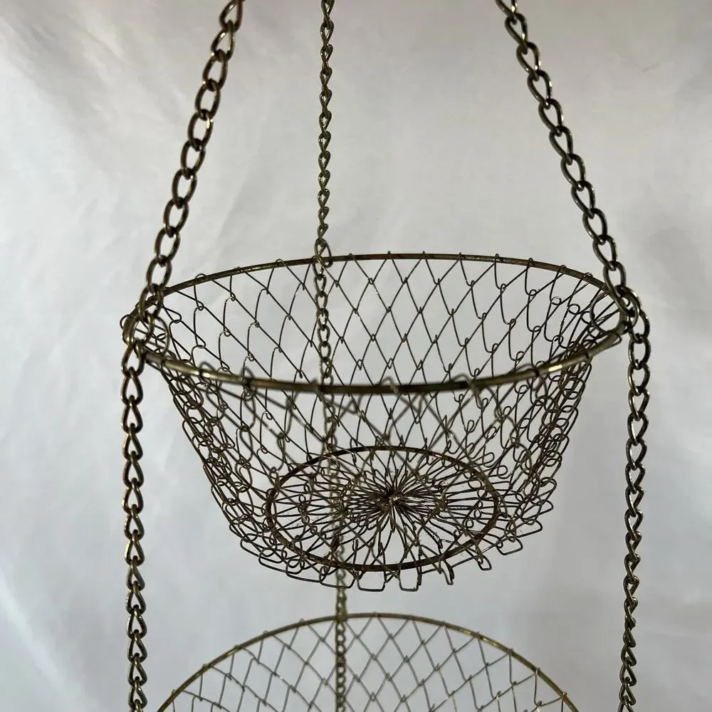 Vintage 3 Tier Distress Brass Gold Patina Metal Hanging Wire Fruit Basket